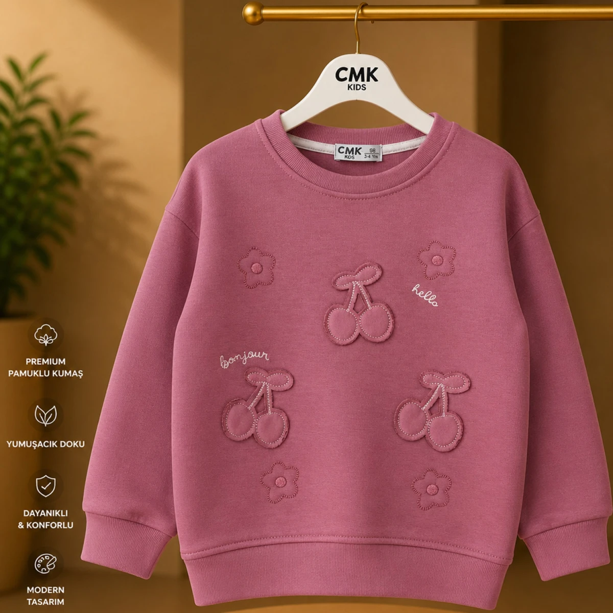 3/12 Y KIRAZ NAKISLI KIZ SWEATSHIRT