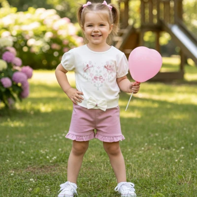 2/5 Y CICEKLI FIYONKLU TISORT SORTLU KIZ TAKIM