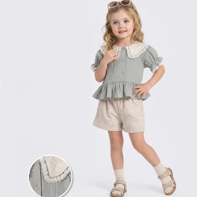 2/5 Y DANTEL YAKA DUGMELI BLUZ SORTLU KIZ TAKIM