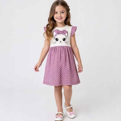 2/5 YAS KIZ PUANLI KEDİLİ ELBİSE