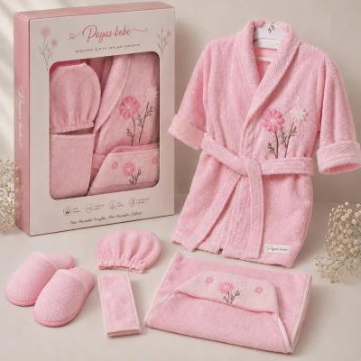 3/3 YAS KIZ BORNOZ SET  PAPATYALI PEMBE 