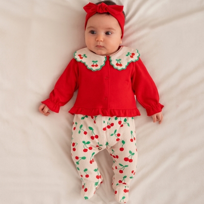 3/6 AY KIZ KİRAZ BASKILI YAKALI BANDANALI TULUM 