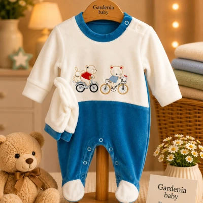 3/9 AY BISIKLETLI AYILAR NAKISLI KADIFE BEBE TULUM