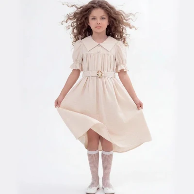 5/8 Y ONU BUZGULU DUGMELI KEMERLI ELBISE