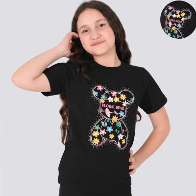 5/8 YAS KIZ  FLORAL BEAR BASKILI KIZ TISORT