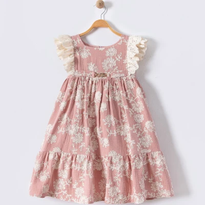 6/12 Y CICEK DESENLI KEMER DETAY ELBISE