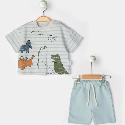 6/24 AY ERKEK YAZLIK ÇİZGİLİ DİNO BASKILI ŞORTLU T