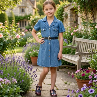 6/9 Y DUGMELI KEMERLI YAKALI KOT ELBISE