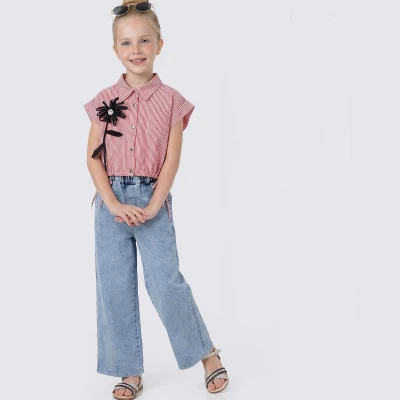 7/10 Y CIZGI GOMLEKLI PANTOLONLU 3LU KIZ TAKIM